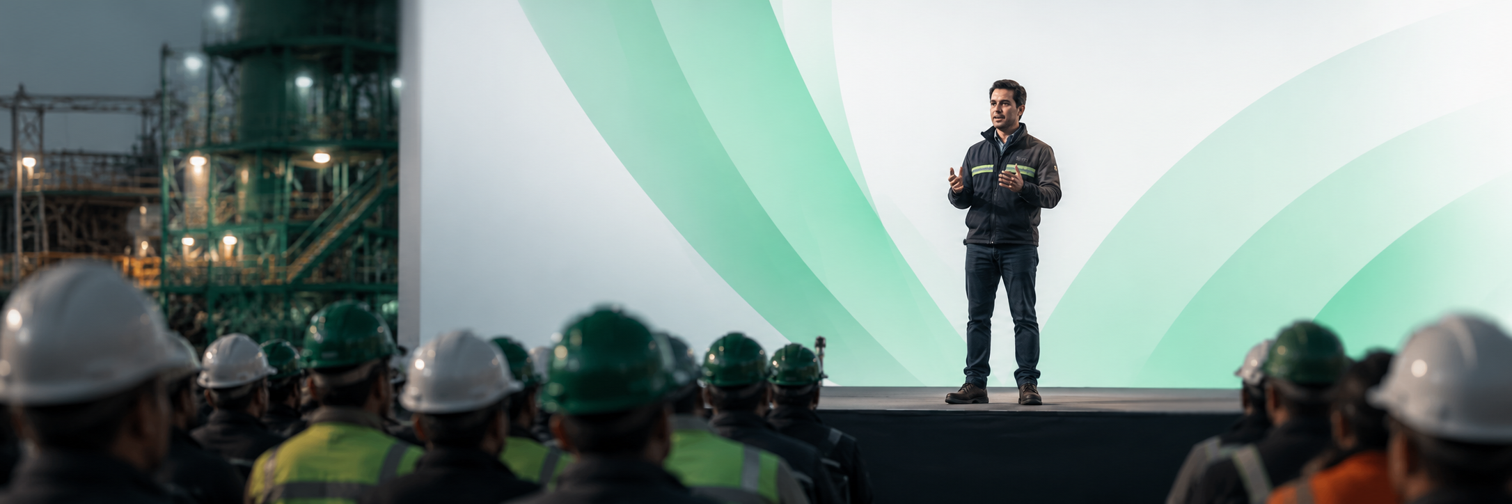 Expositor de seguridad y salud en el trabajo frente a trabajadores de una operación industrial
