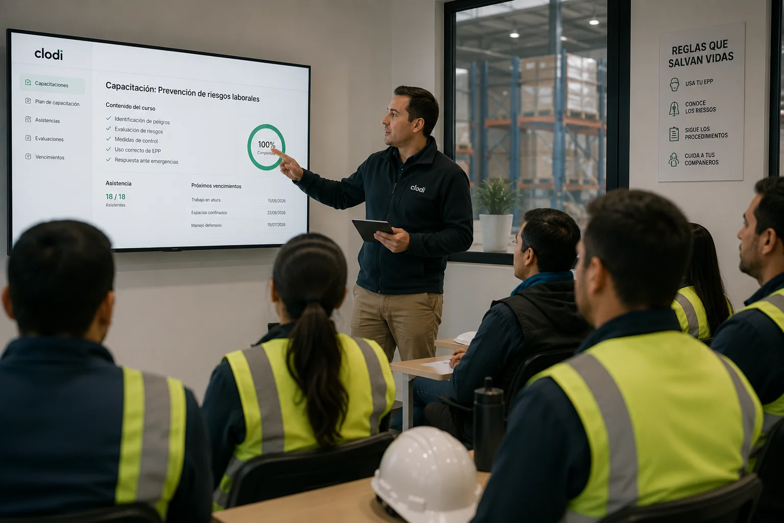Trabajadores en una capacitación HSE registrada con Clodi
