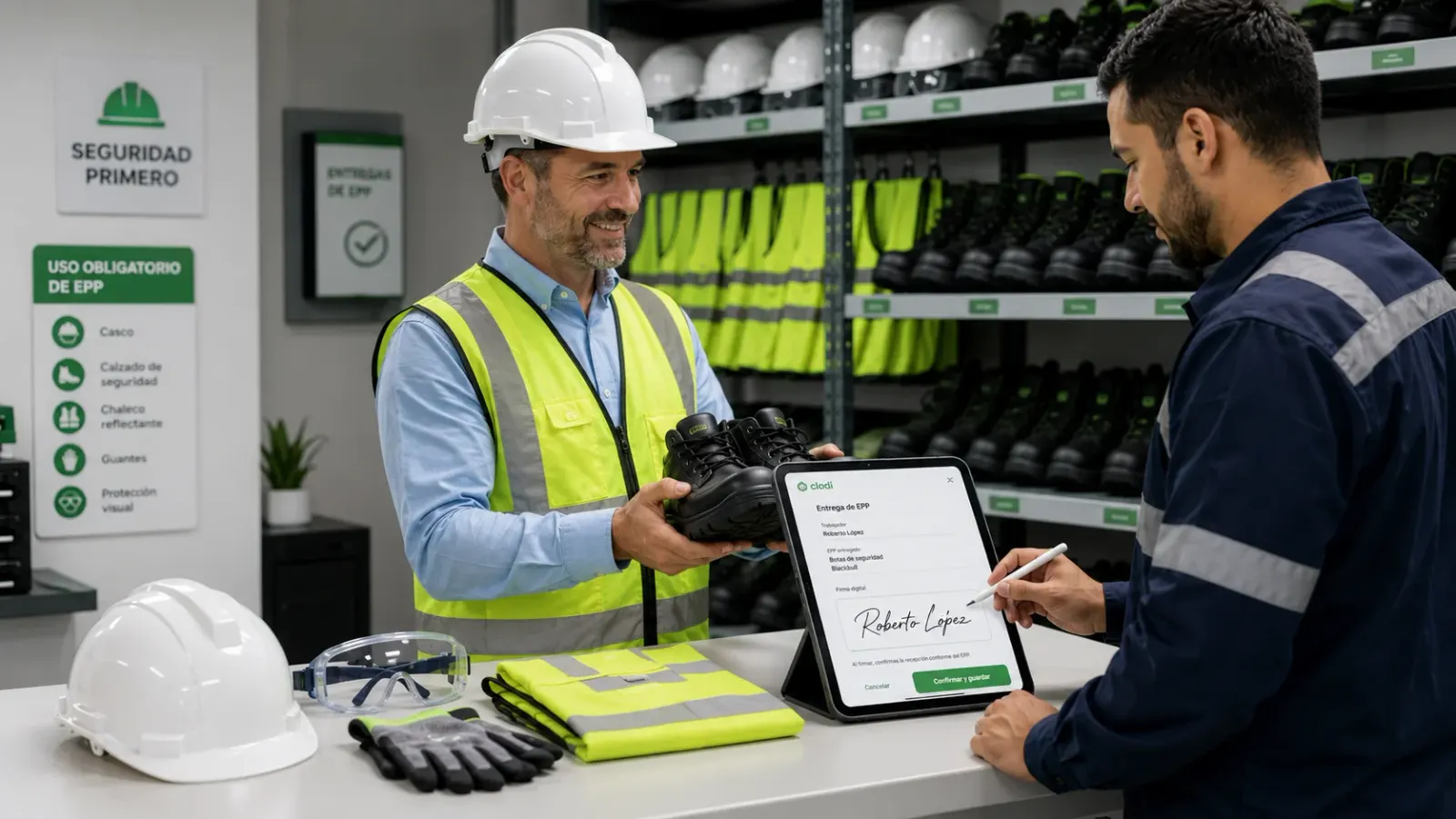 Trabajador firmando la entrega de EPP en una tablet con Clodi