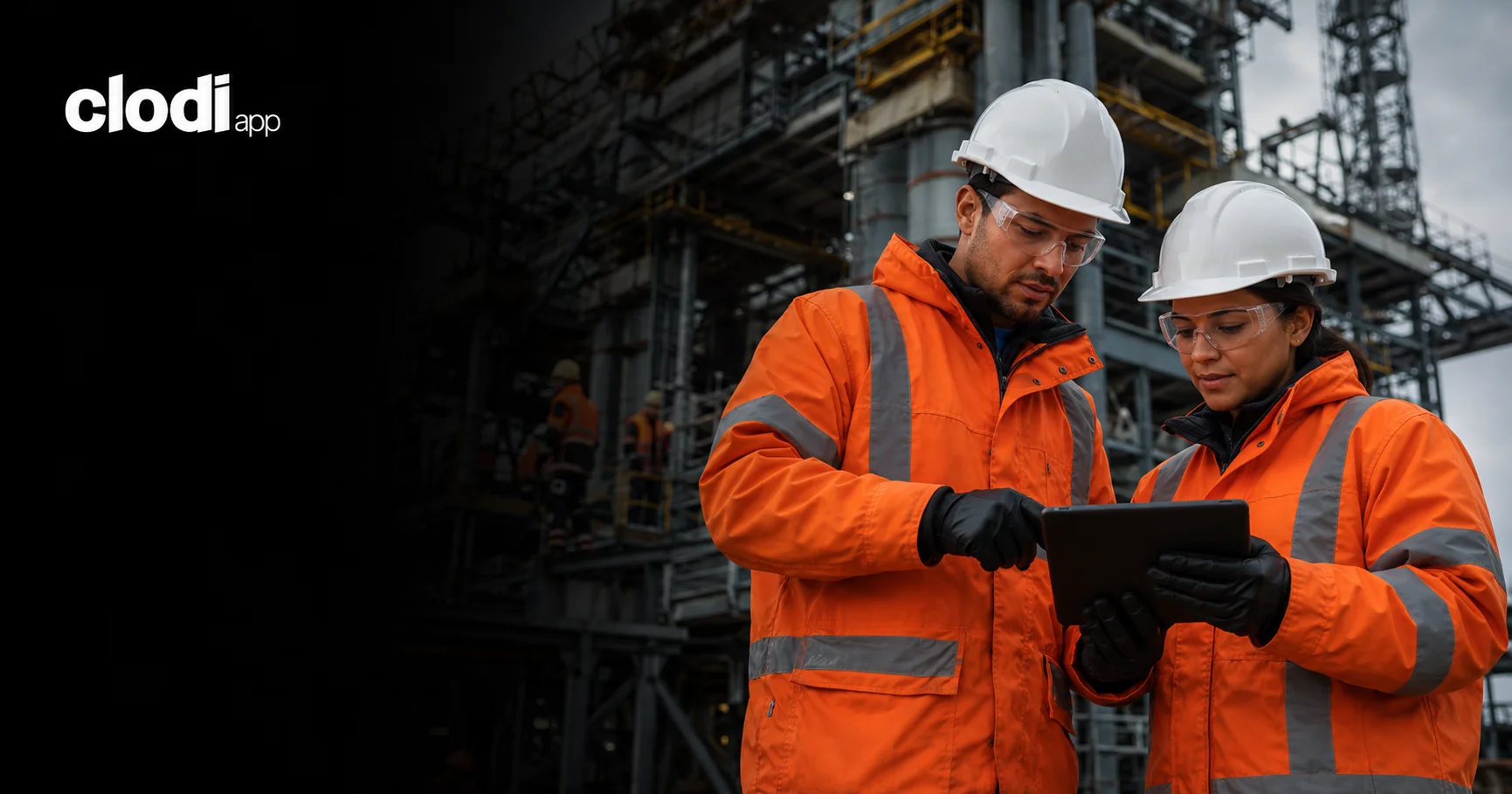 Trabajadores con EPP naranja revisando tablet en faena industrial chilena