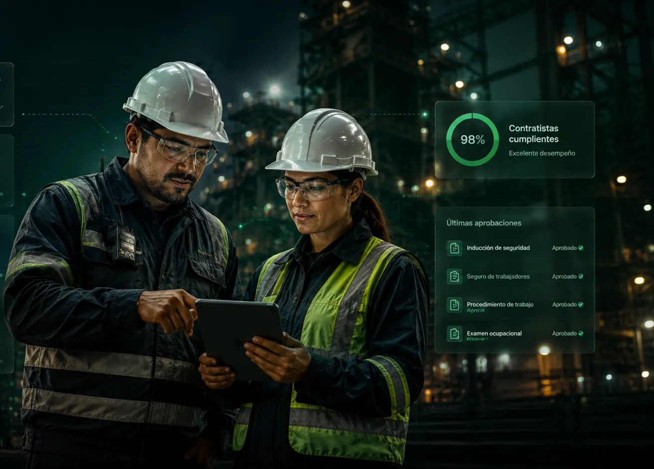 Persona usando tablet para gestionar contratistas con IA en faena industrial