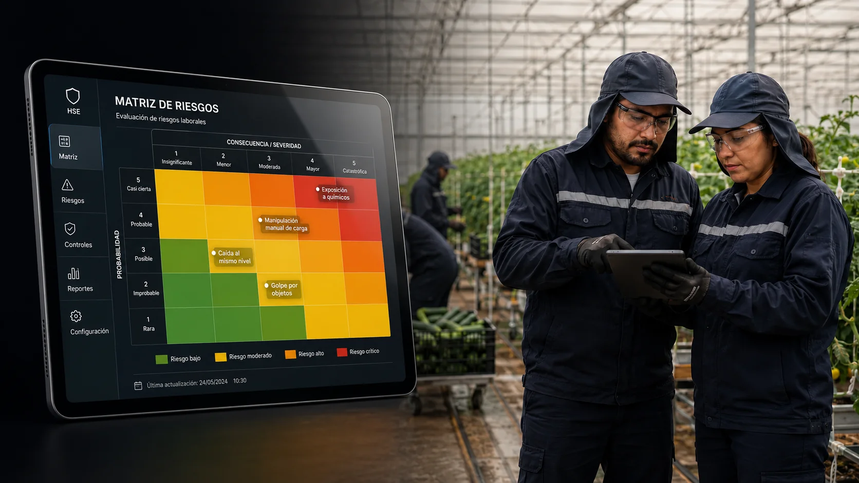 Prevencionistas revisando una matriz de riesgos digital e interactiva en una tablet dentro de un invernadero agrícola